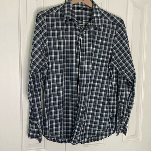 Theory Black and Gray Plaid Lightweight 100% cotton button down Shirt XL - Picture 1 of 4